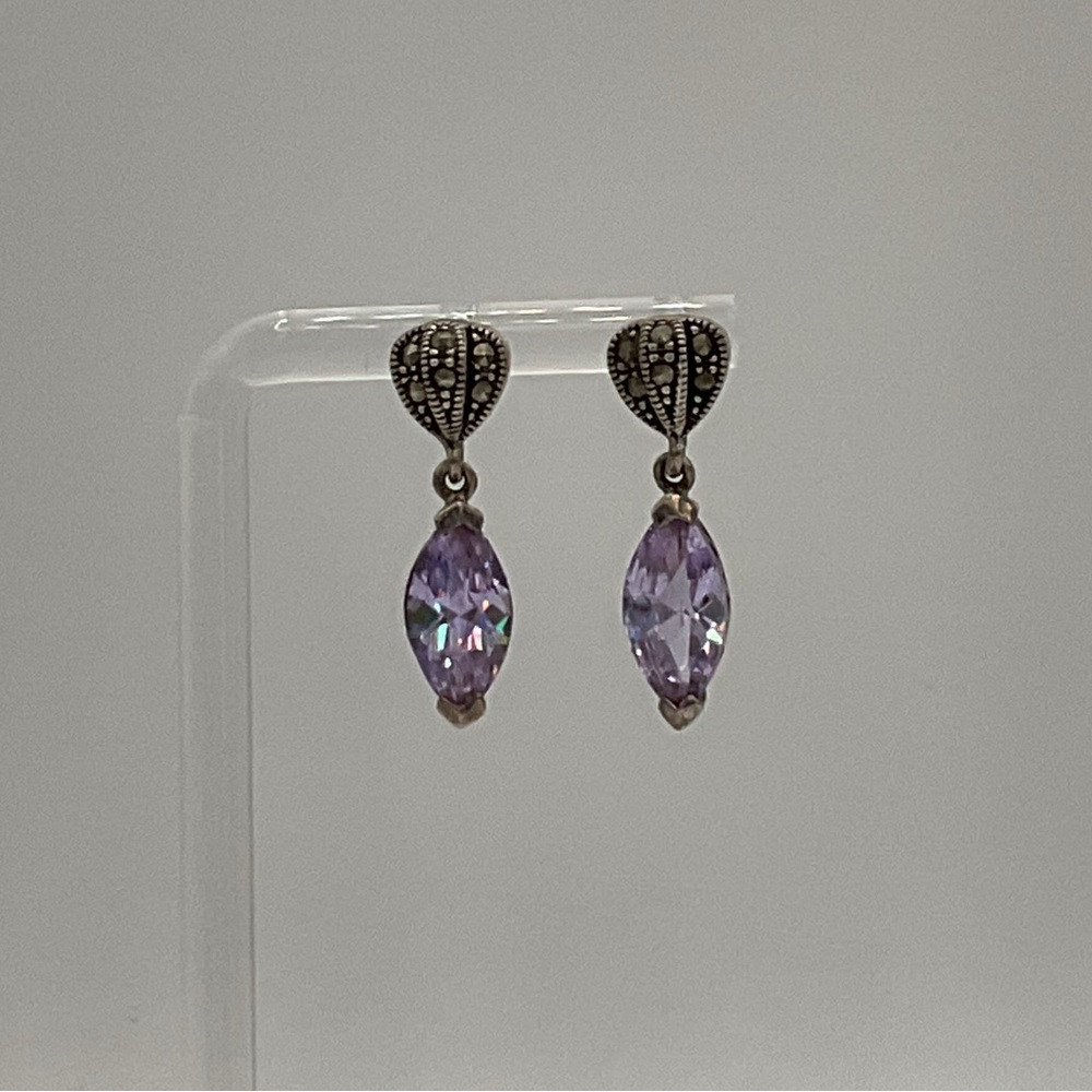 Victorian Style Marquise Cut Purple Cubic Zirconia Marcasite Earrings, .925